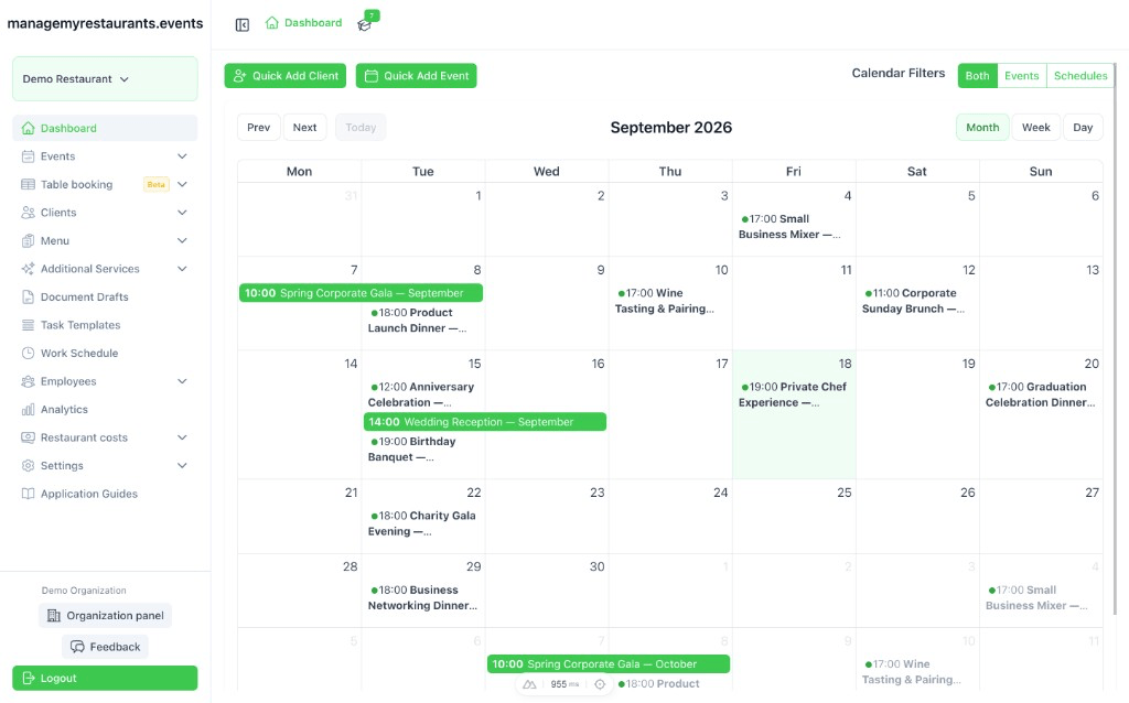 Dashboard calendar of booked events for the month