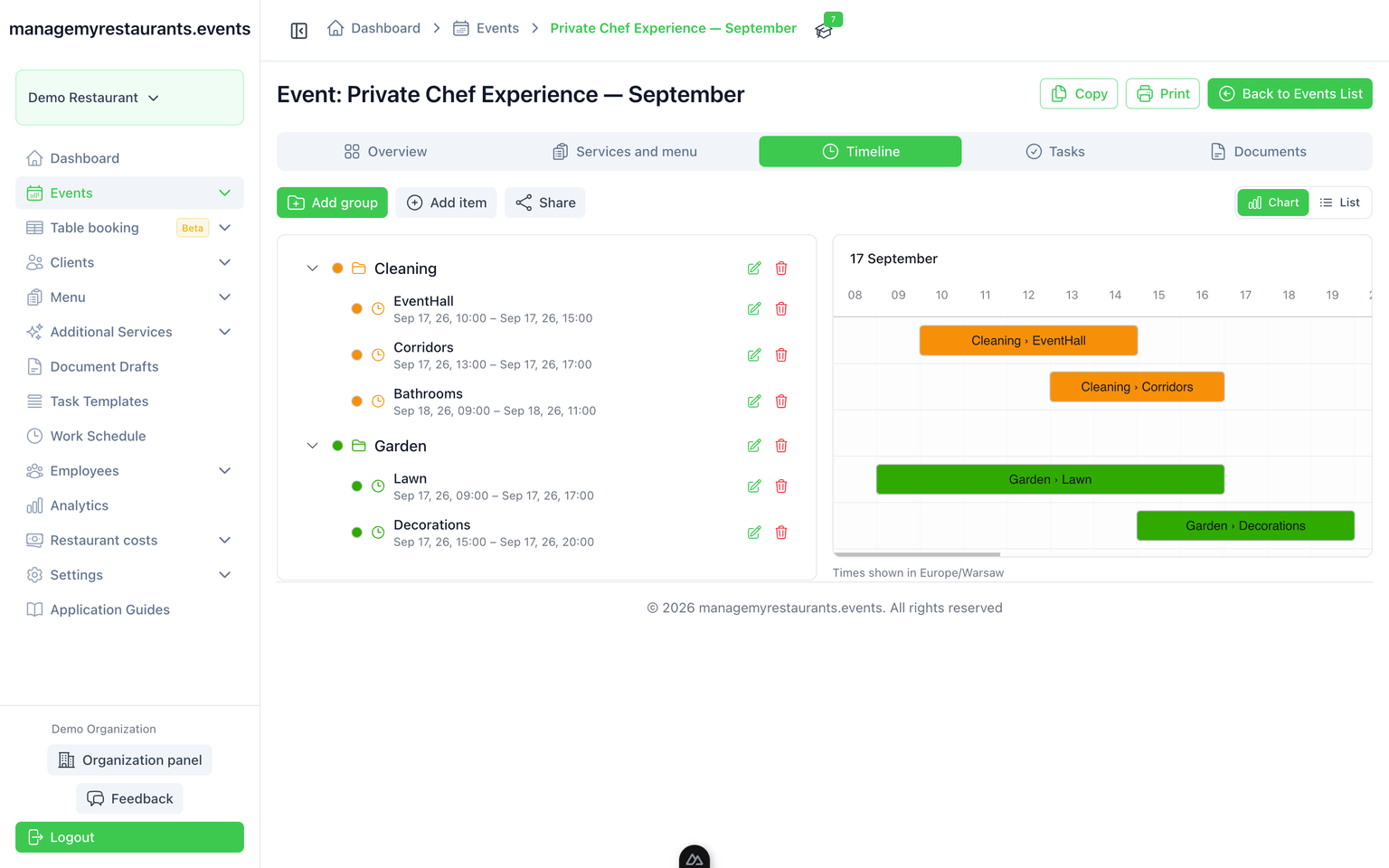 Event run-of-show timeline with share